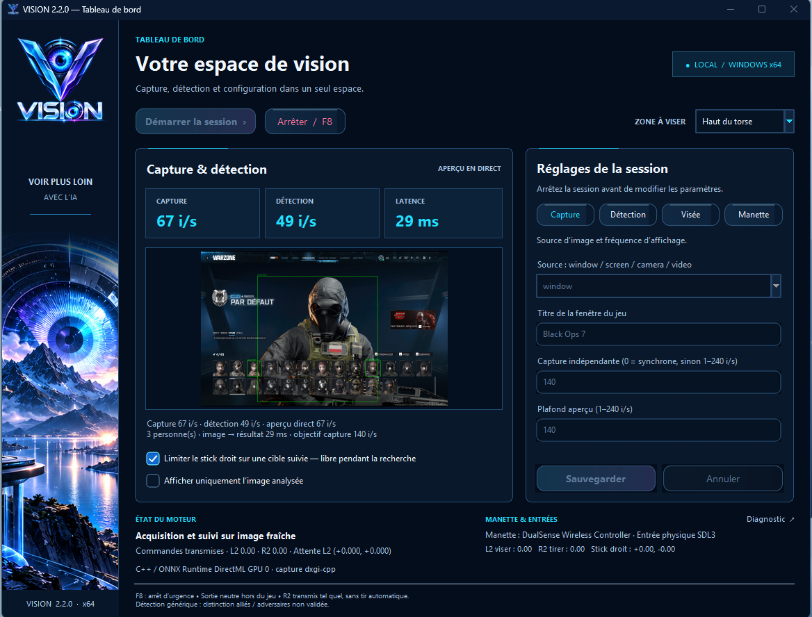 Interface réelle de VISION : capture et détection à gauche, réglages de la session à droite