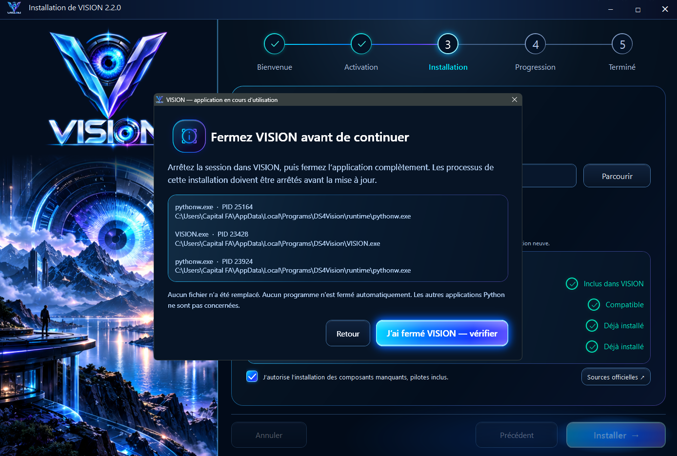 Installateur VISION — Fermer VISION